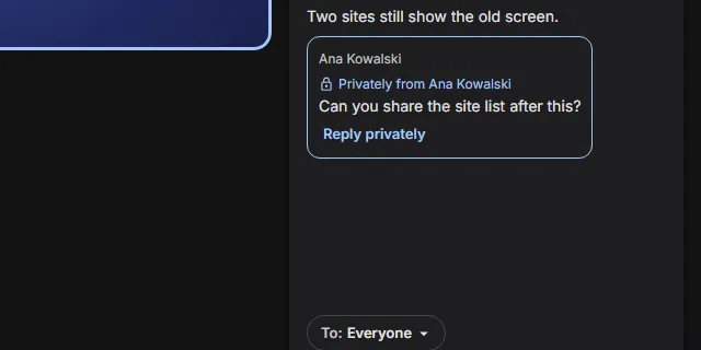 The in-call chat with a message to everyone and one marked privately from a participant, with a Reply privately button.