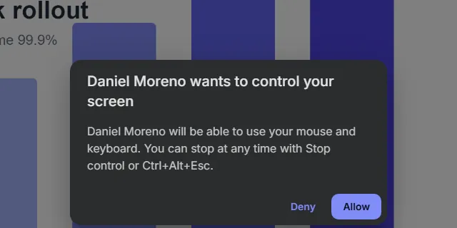 A dialog in a meeting: a participant wants to control your screen, with Deny and Allow buttons.