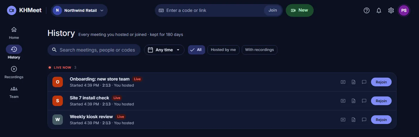 The History page listing meetings with their people, recording, transcript and chat icons and a Rejoin button on the ones still live.