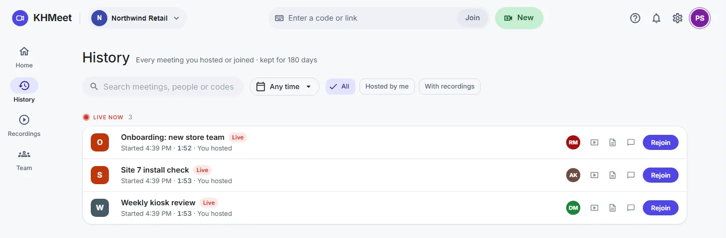 The History page listing meetings with their people, recording, transcript and chat icons and a Rejoin button on the ones still live.