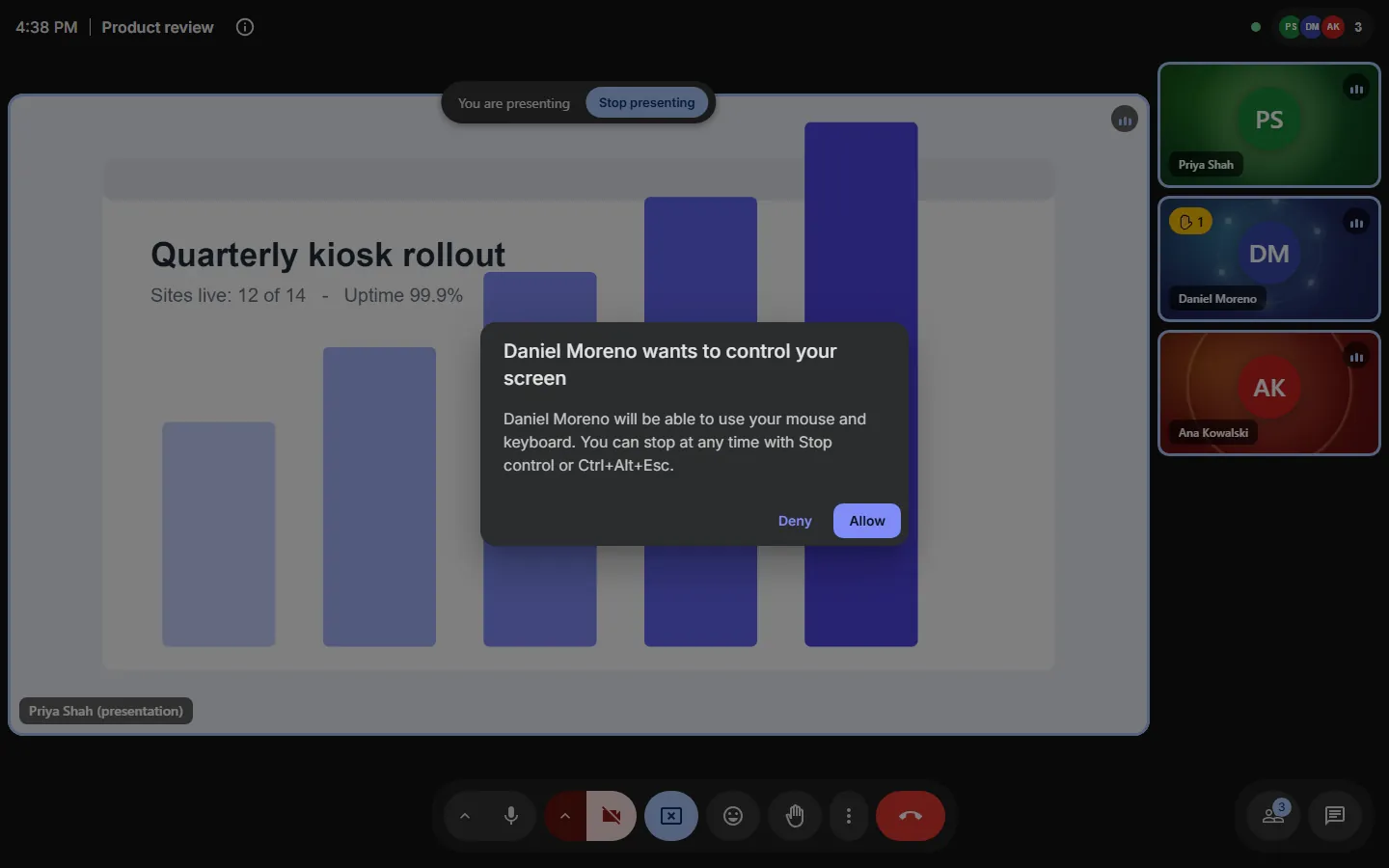 A shared screen in a meeting while a participant asks to control it, with Deny and Allow buttons.