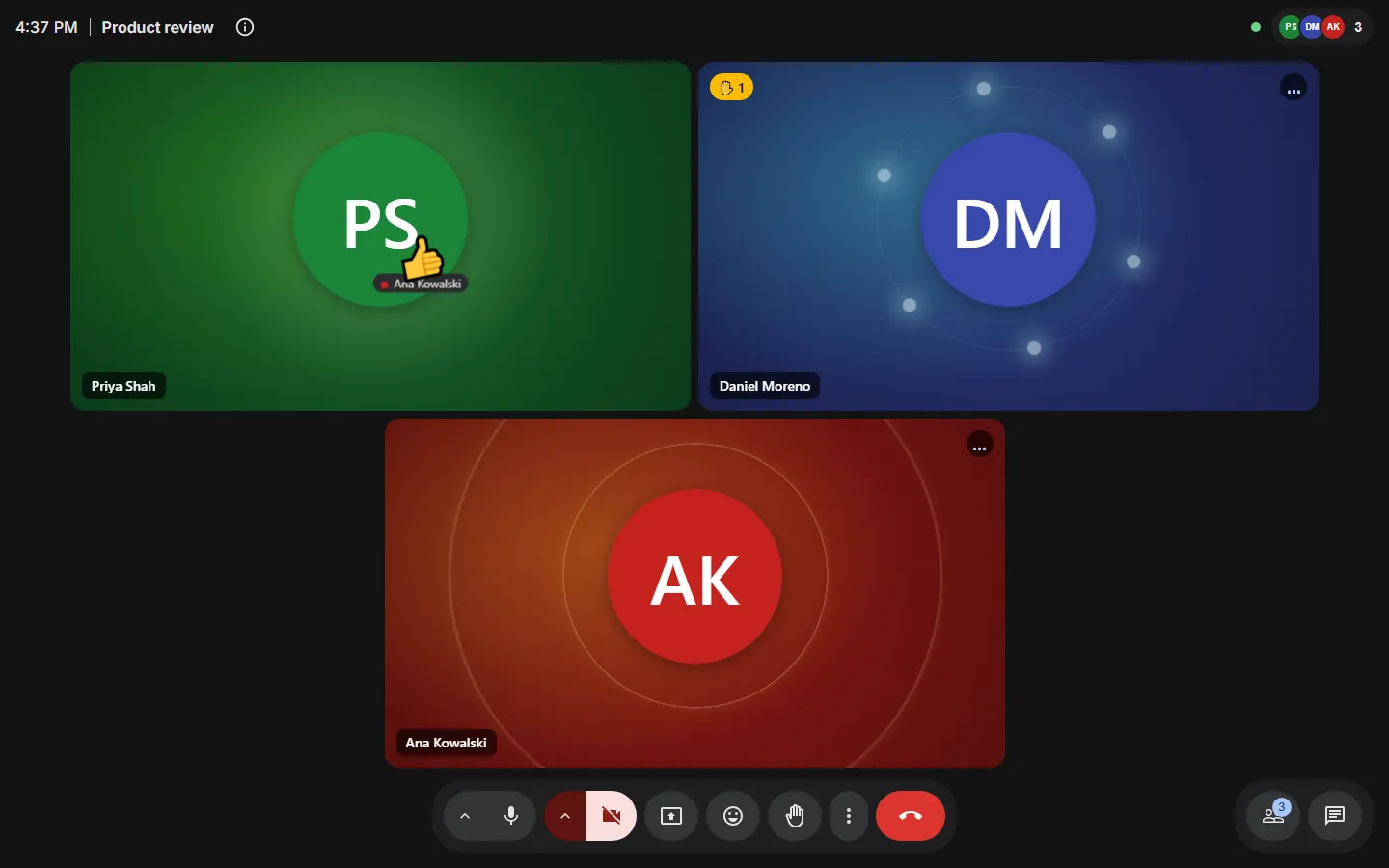 A KHMeet meeting: three people as coloured initials tiles, one with a raised hand and another sending a thumbs-up, and the call controls along the bottom.